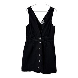 New Look Black Denim Button Pinafore V Neck Sleeveless Dress Size 10 Women's
